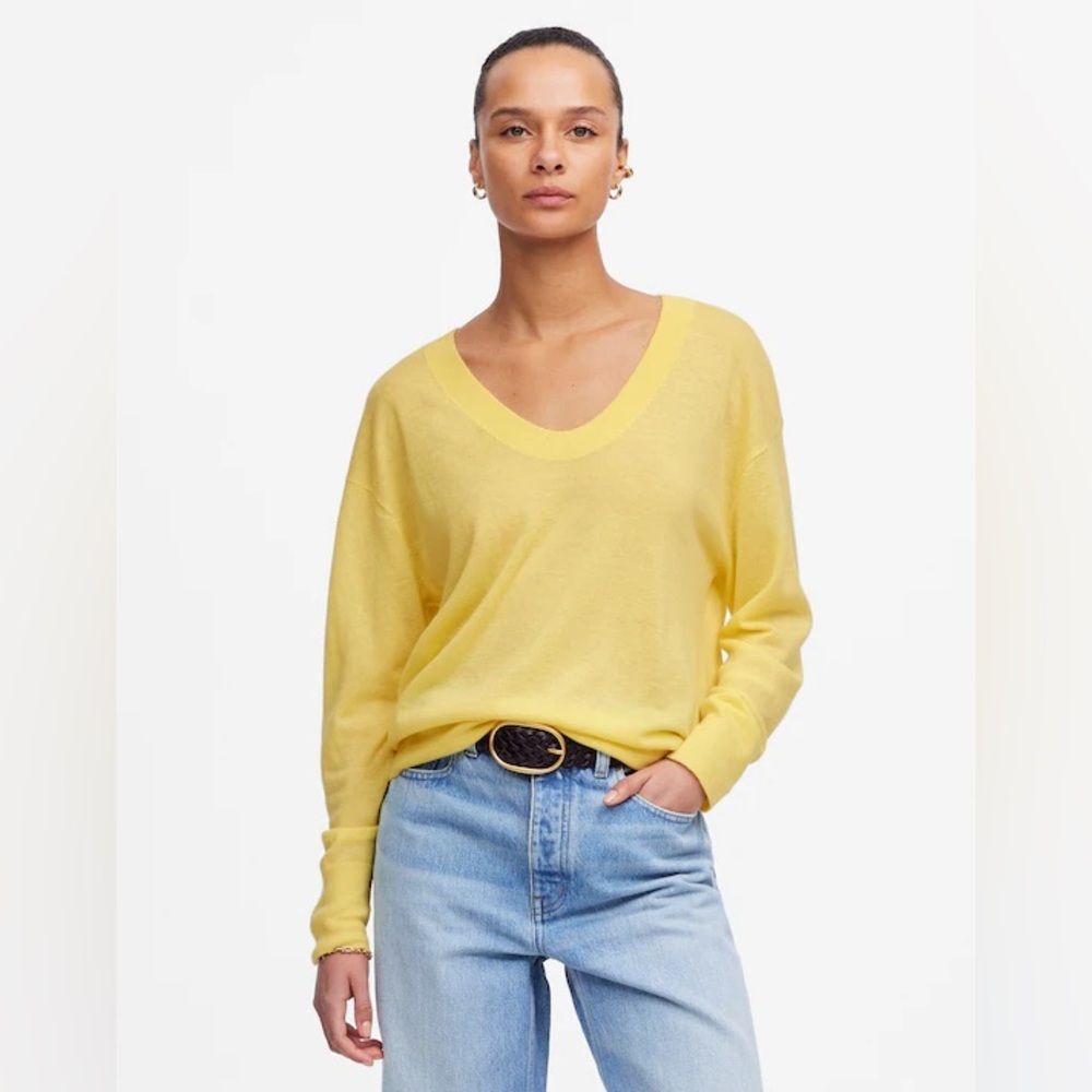 Madewell Cashmere U-Neck Pullover in Iced Lemon Yellow Size Small Spring Summer